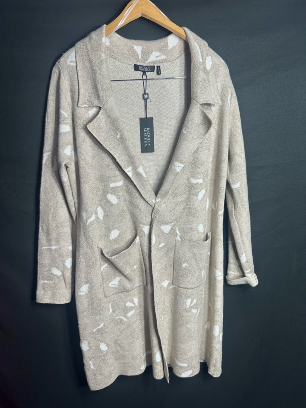 Badgley Mischka Taupe Cardigan with White Abstract Pattern size L new w tags